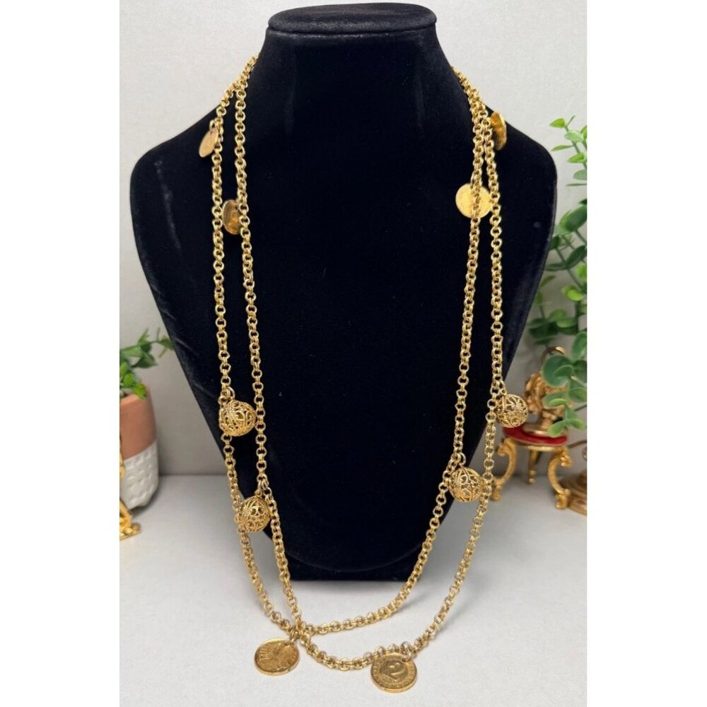 Long Gold Tone Coin Charm Necklace Filigree Ball Accents Boho Vintage